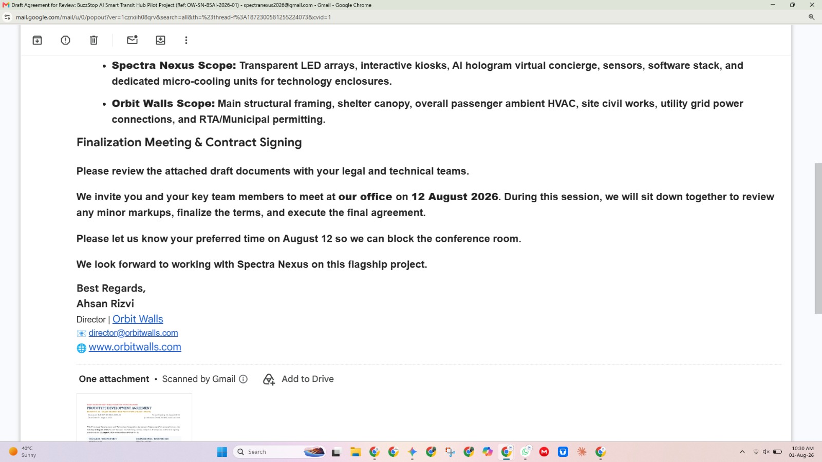 Email showing scope and signing