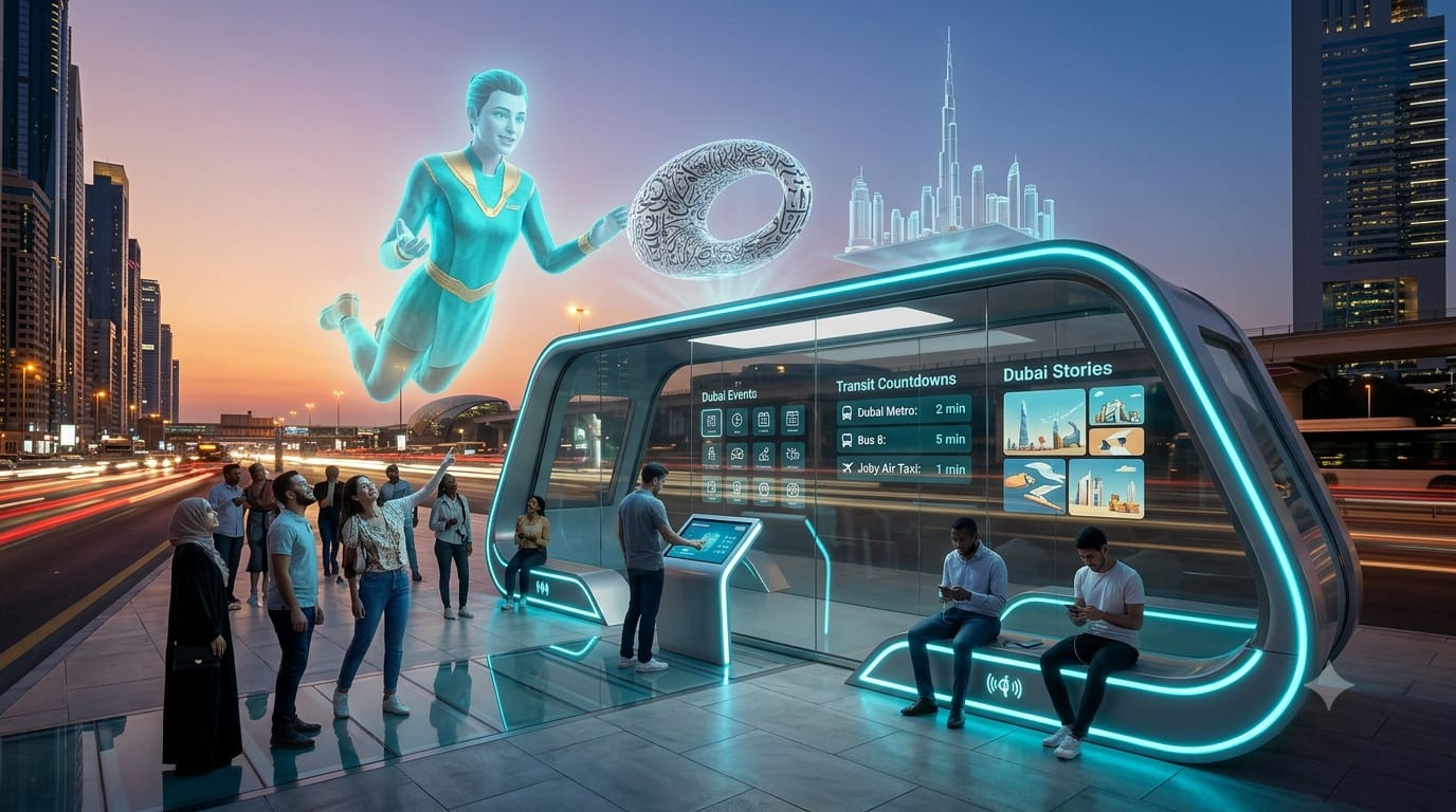 Holographic tourist guide above a BuzzStop AI pod